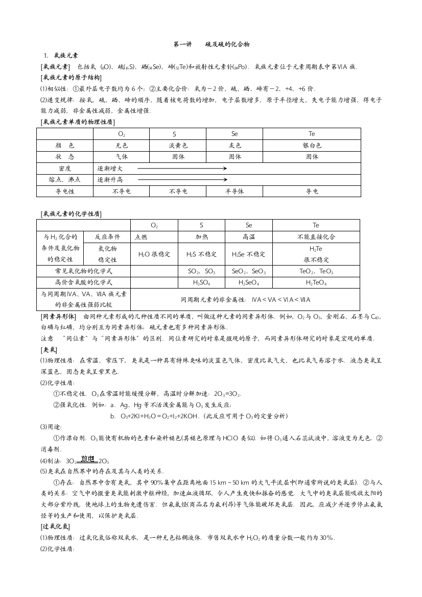 硫以及硫的化合物的知识点