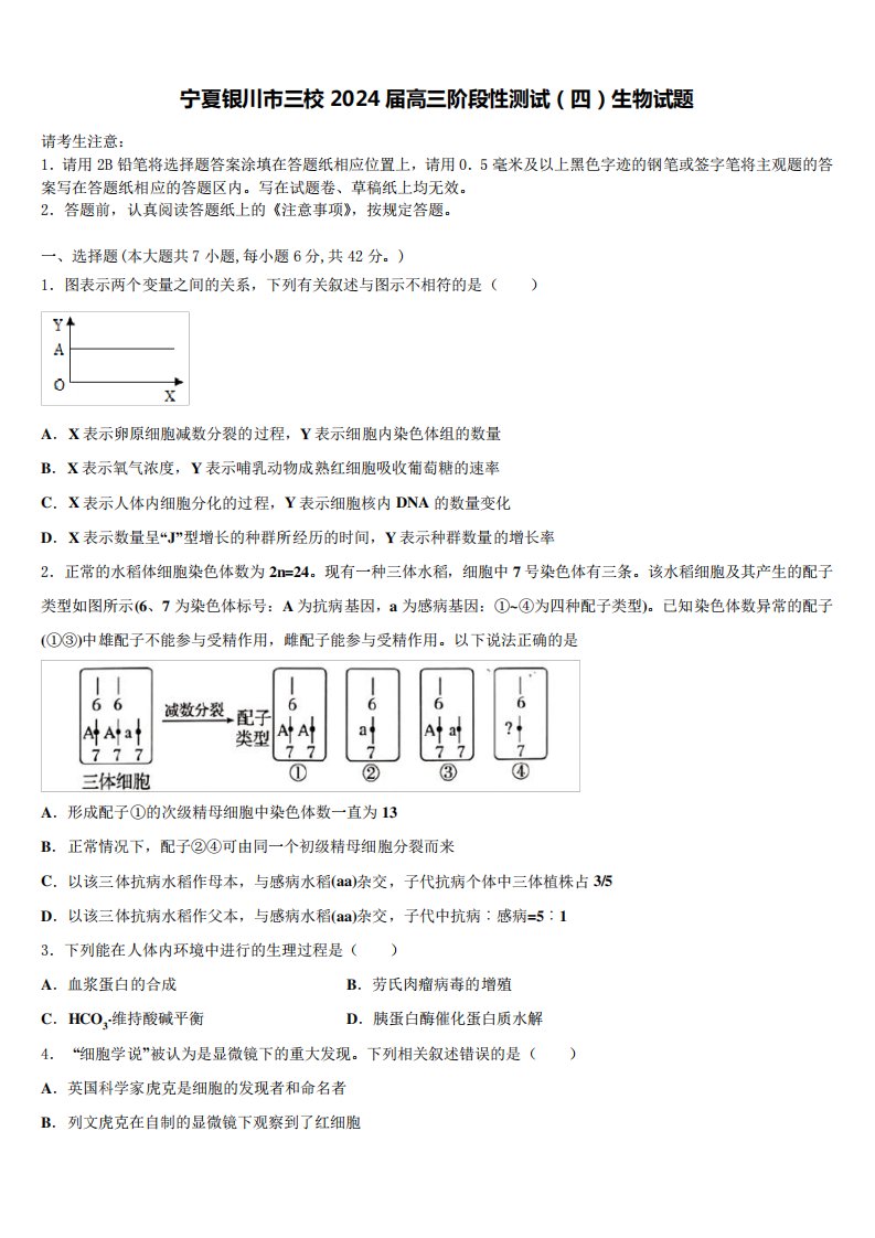 宁夏银川市三校2024届高三阶段性测试(四)生物试题含解析