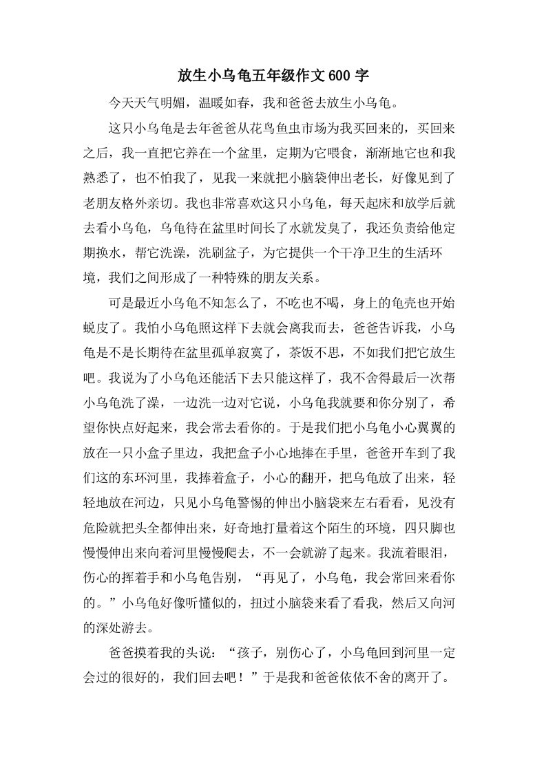 放生小乌龟五年级作文600字