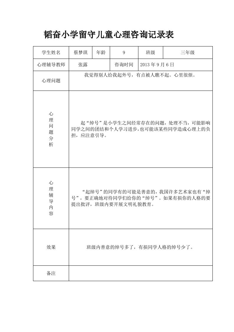 韬奋小学留守儿童心理咨询记录表