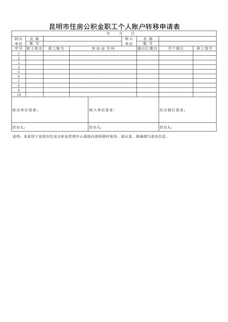 昆明市住房公积金个人账户转移申请表