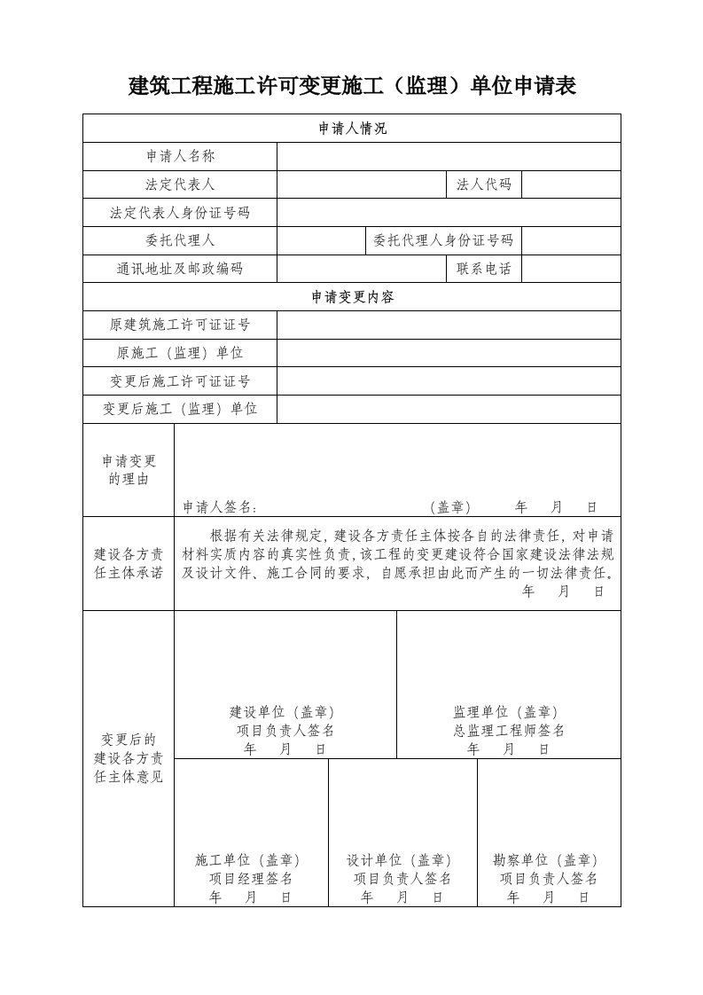 建筑工程施工许可变更施工监理单位申请表