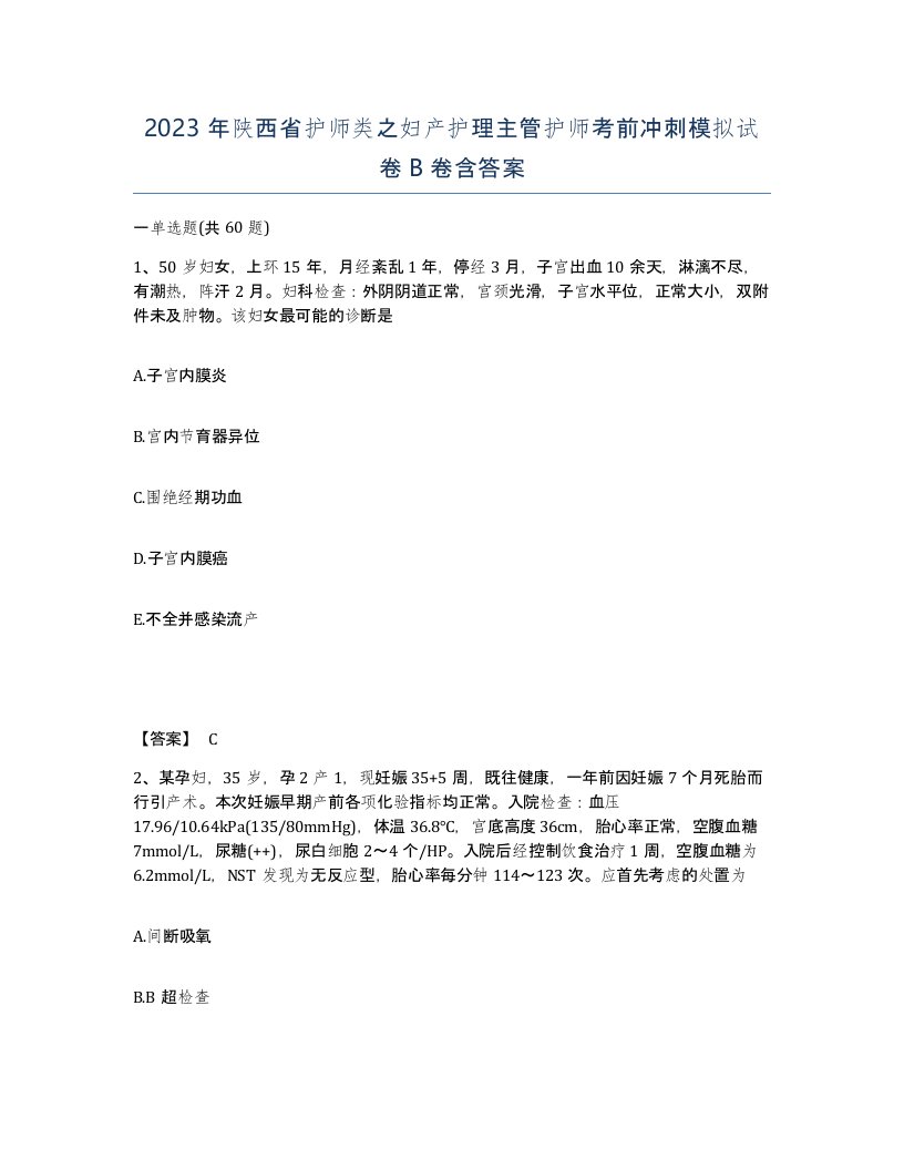 2023年陕西省护师类之妇产护理主管护师考前冲刺模拟试卷B卷含答案