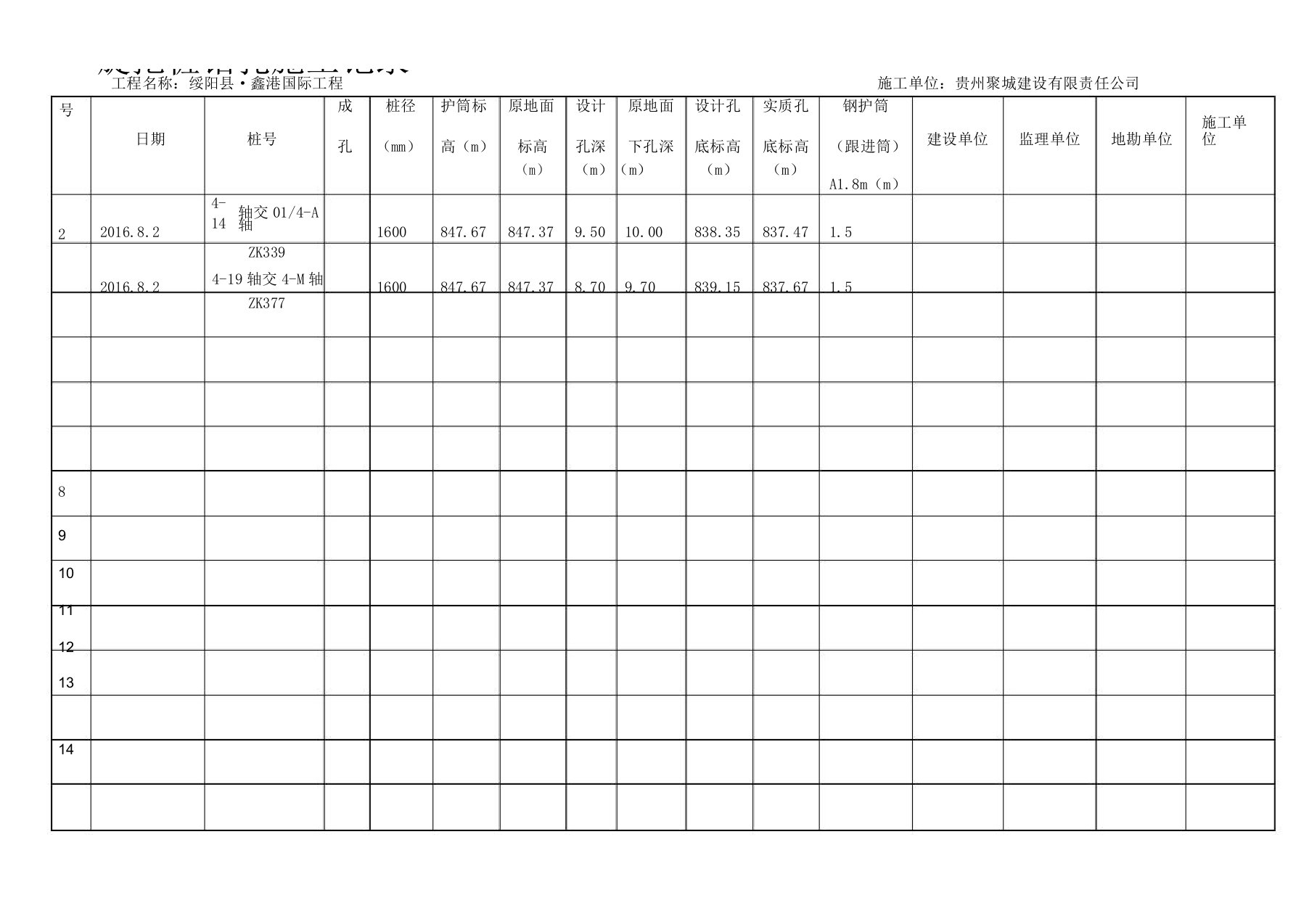 旋挖灌注桩施工记录