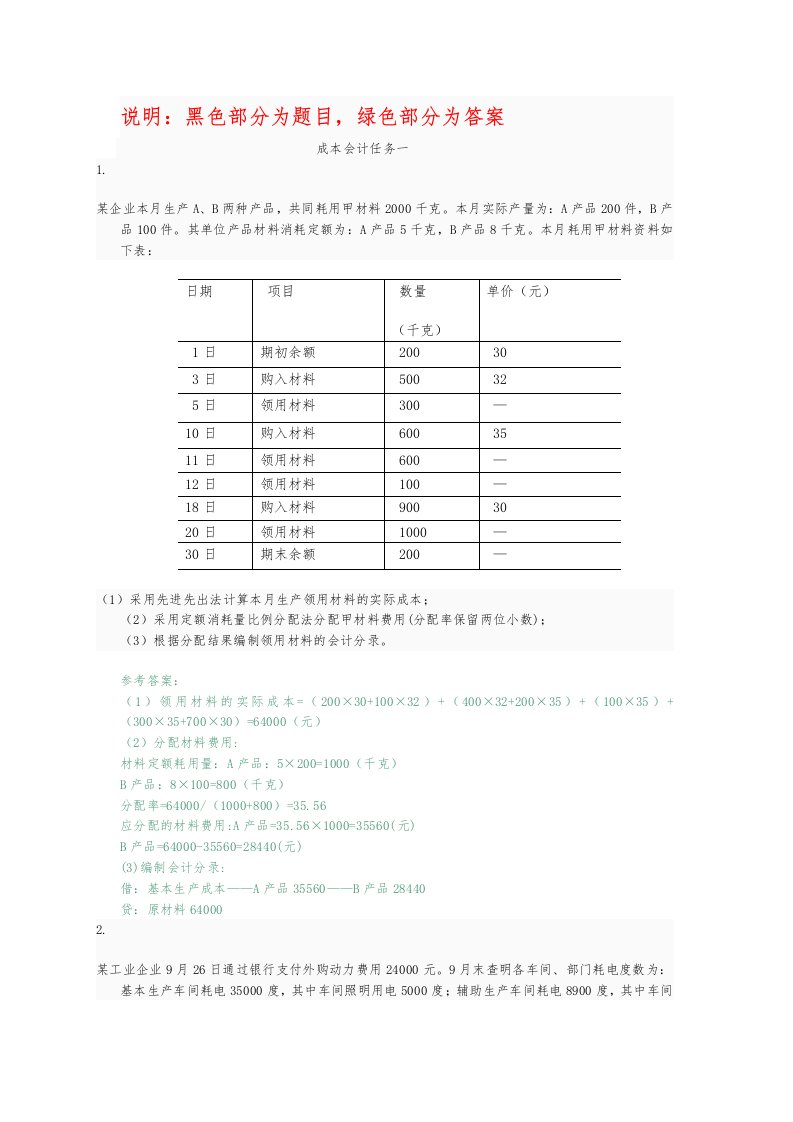 国家开放大学(电大)成本会计形考平台任务1