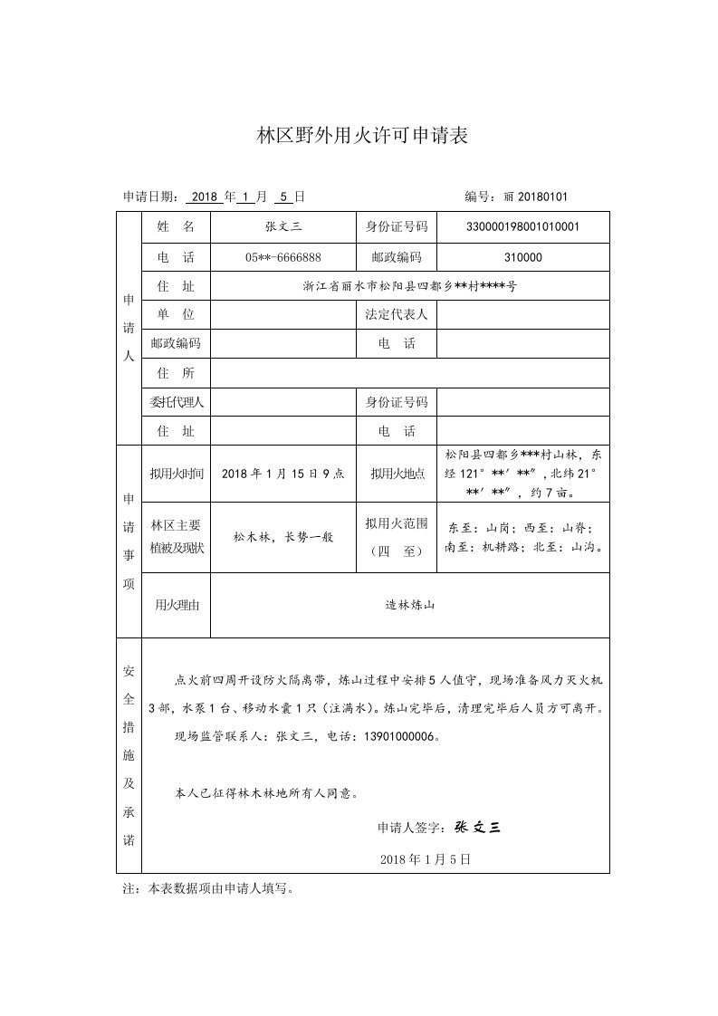 林区野外用火许可申请表