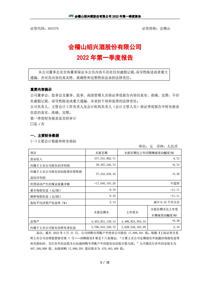 上交所-会稽山绍兴酒股份有限公司2022年第一季度报告-20220427