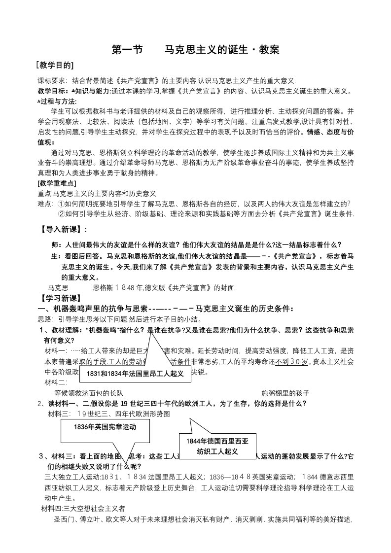 人民版高一历史必修一专题八解放人类的阳光大道第一课马克思主义的诞生教案