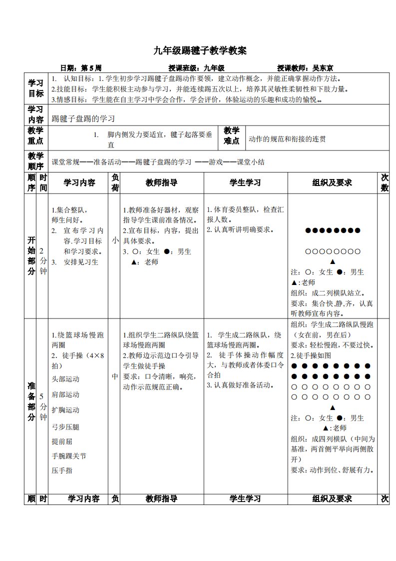 九年级踢毽子体育教学教案(吴东京)第5周