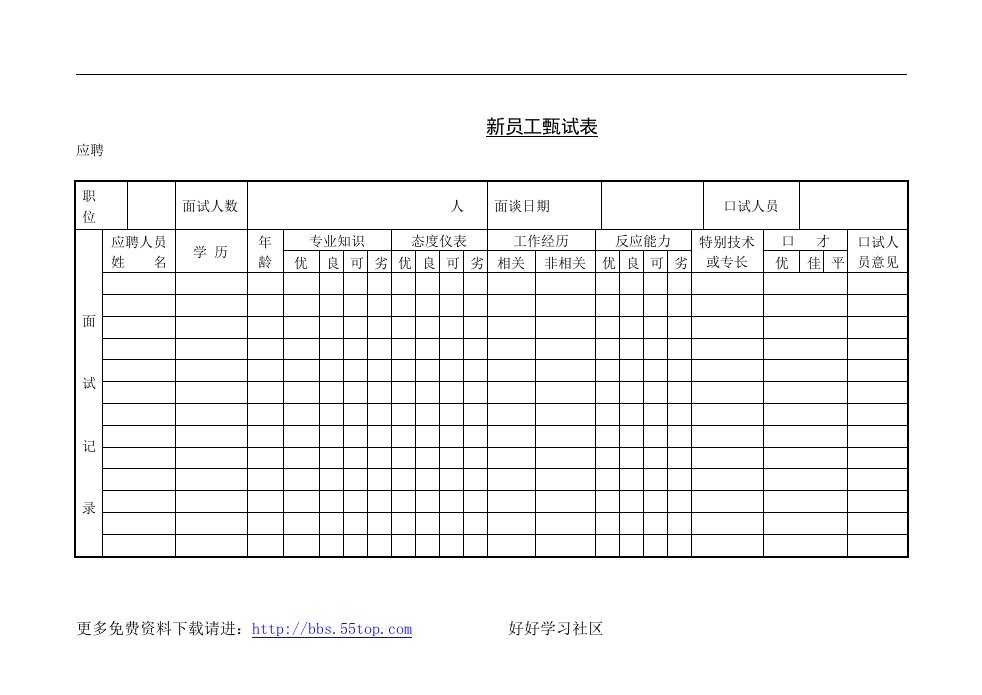 【管理精品】第十一节新员工甄试表