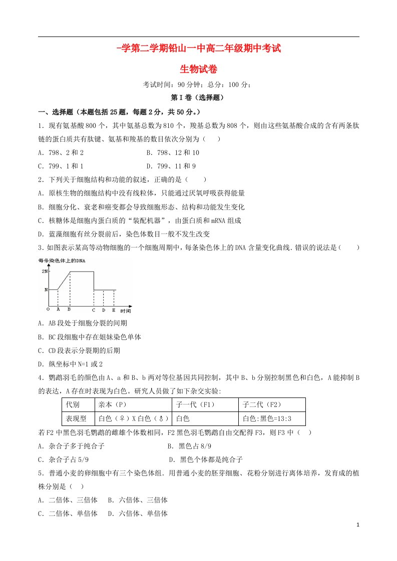 江西省上饶市铅山县第一中学高二生物下学期期中试题