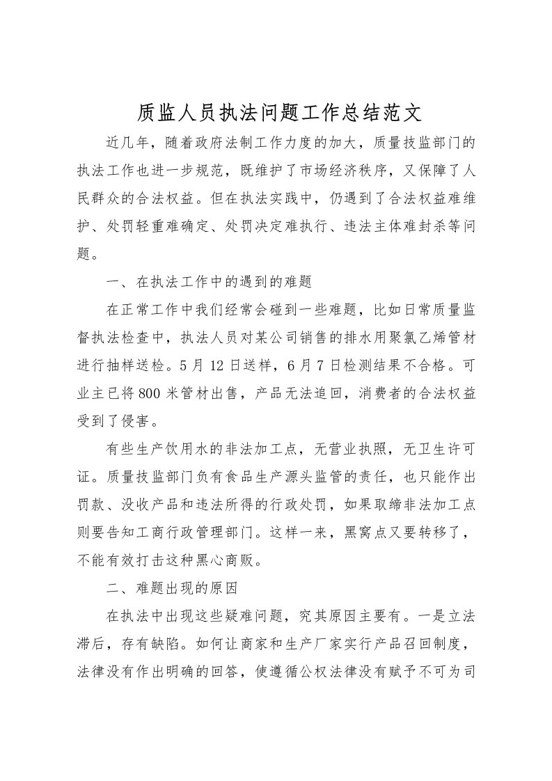 2022-质监人员执法问题工作总结范文