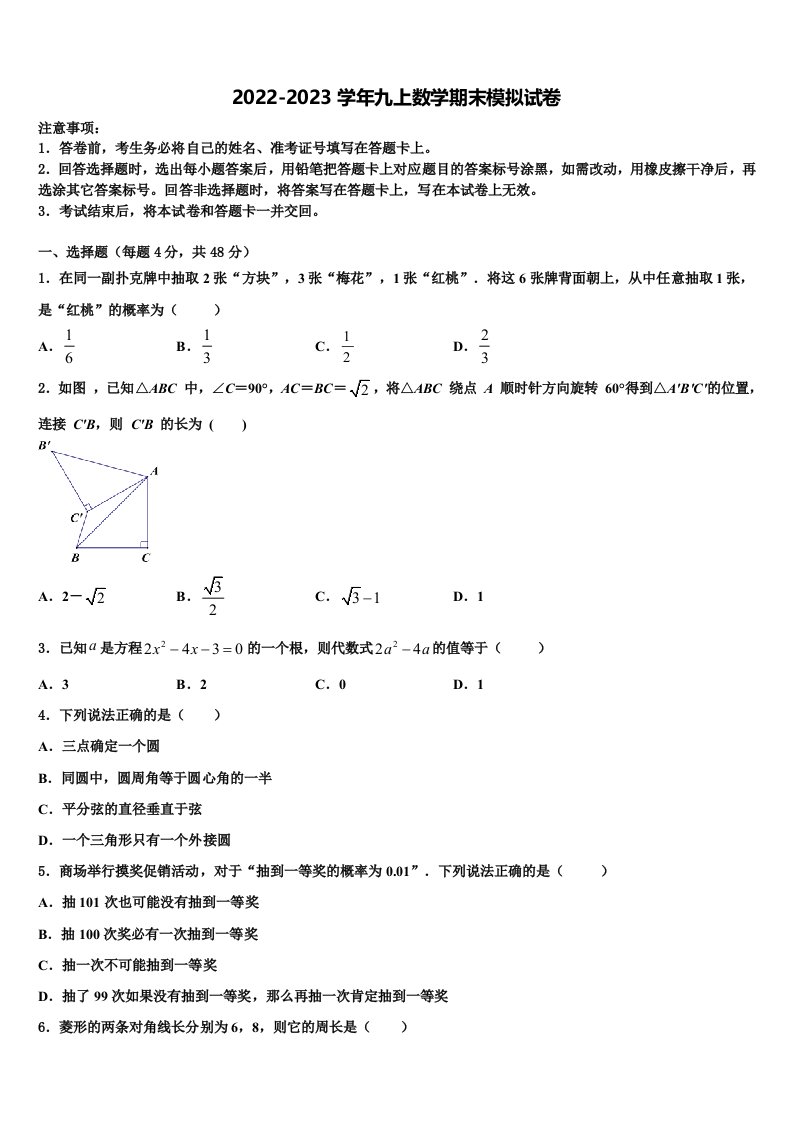 2023届四川省宜宾中学数学九年级第一学期期末质量检测模拟试题含解析