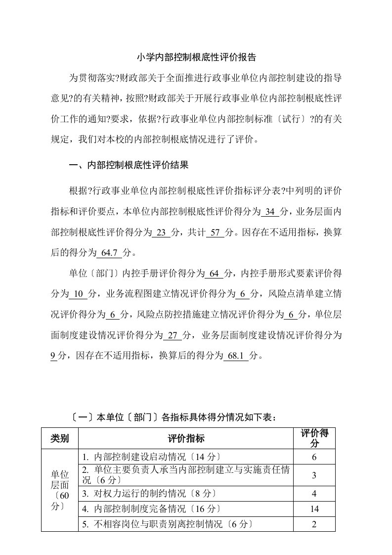 最新小学内部控制基础性评价报告