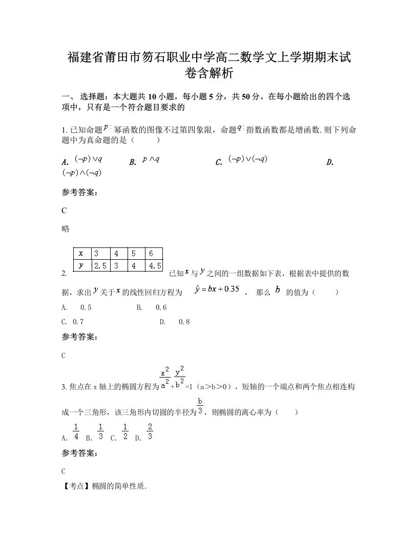 福建省莆田市笏石职业中学高二数学文上学期期末试卷含解析