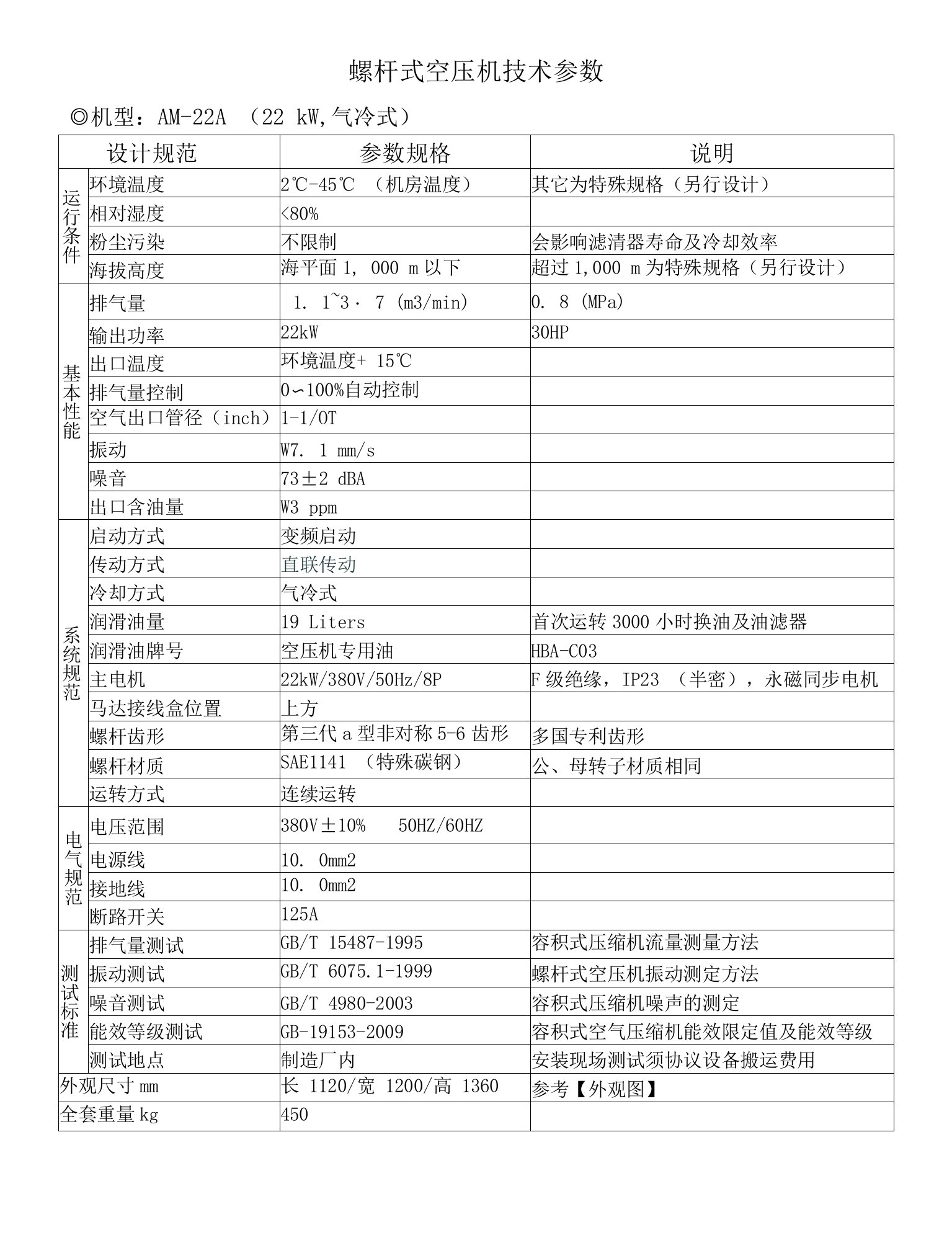 螺杆式空压机技术参数