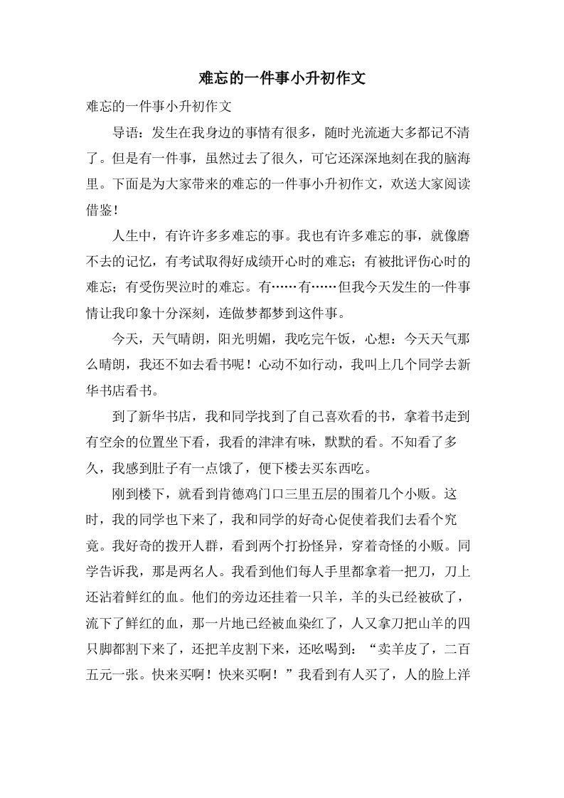 难忘的一件事小升初作文