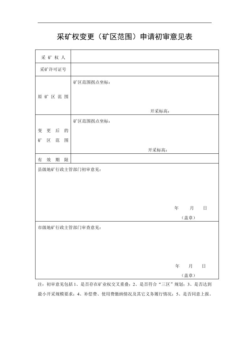 采矿权变更（矿区范围）申请初审意见表