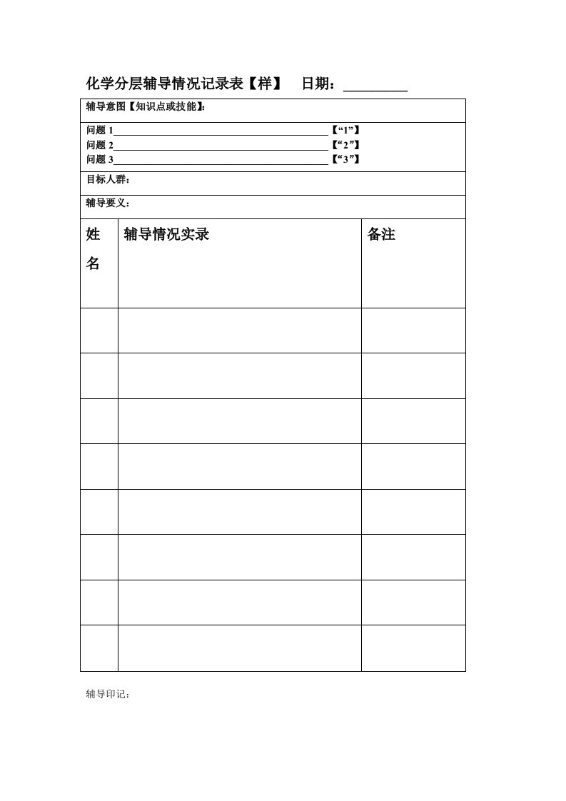 初三化学基础技能分层辅导情况记录表