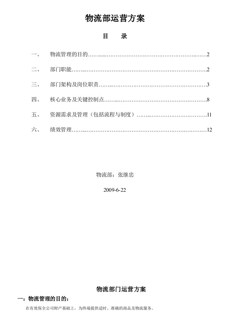 《物流部门运营方案》word版