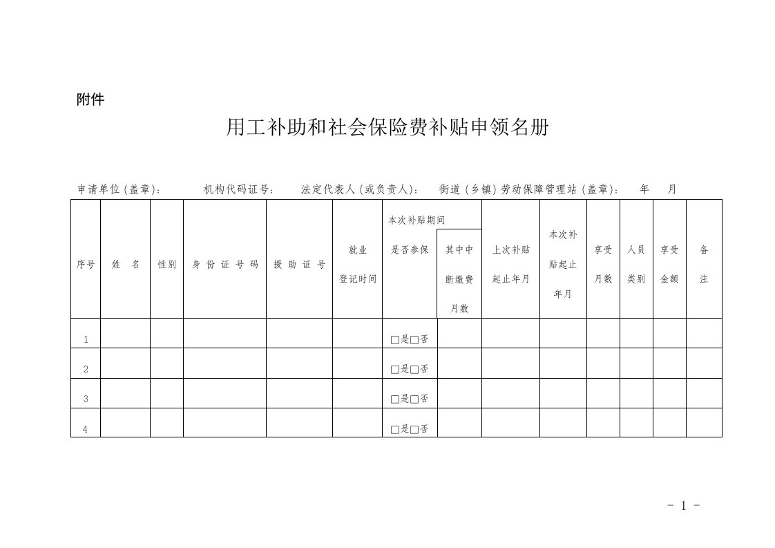 用工补助和社会保险费补贴申领名册