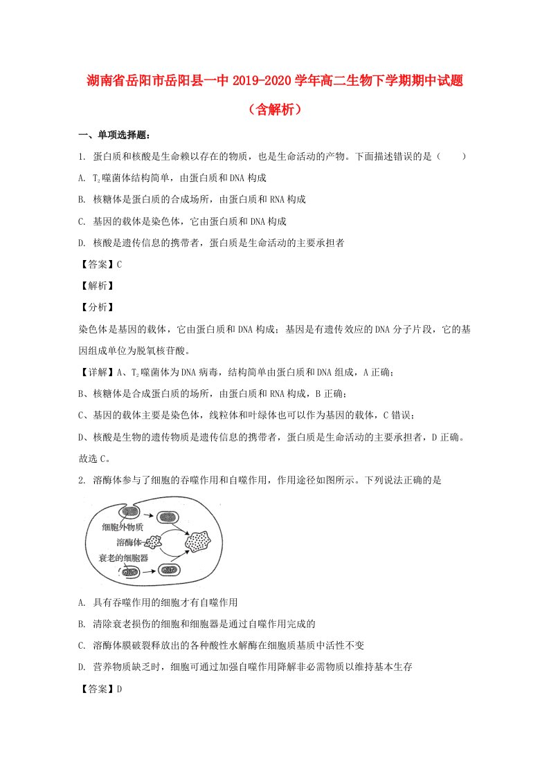 湖南省岳阳市岳阳县一中2019_2020学年高二生物下学期期中试题含解析