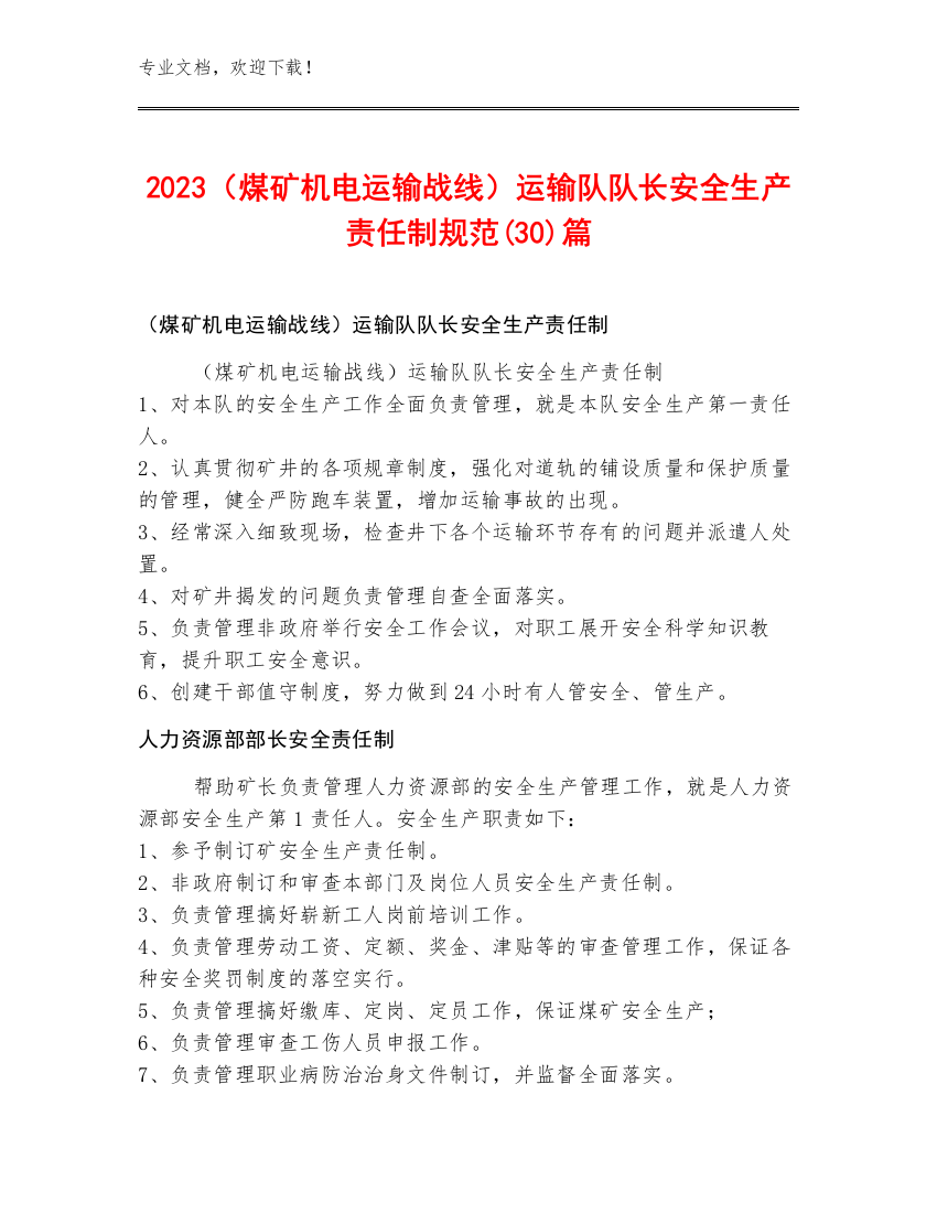 2023（煤矿机电运输战线）运输队队长安全生产责任制规范(30)篇