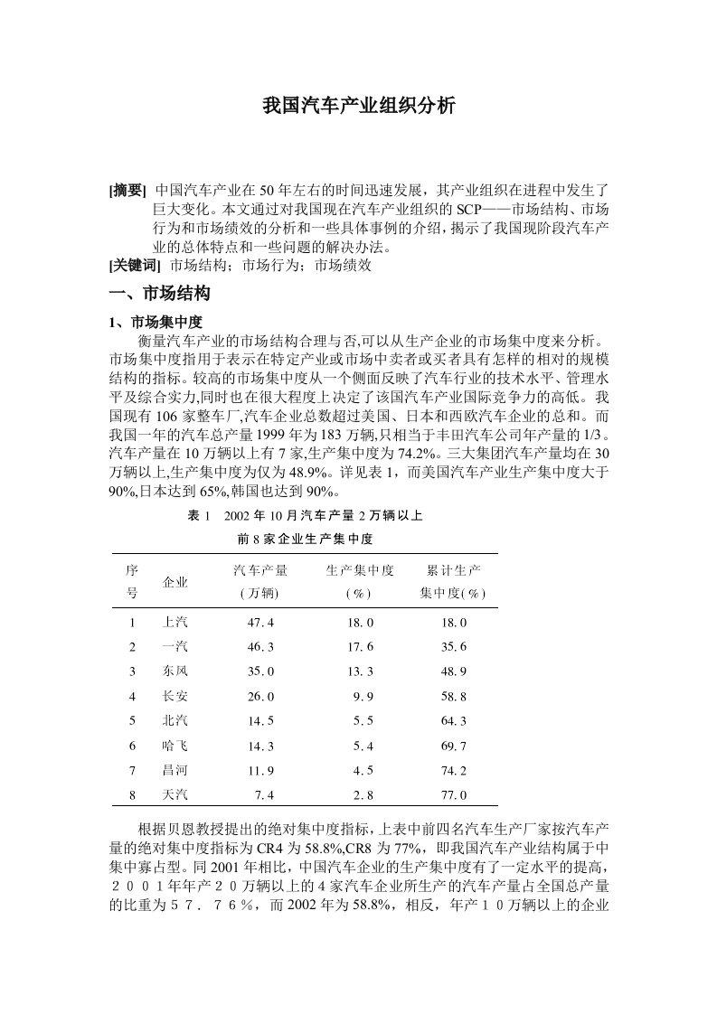 我国汽车产业组织分析