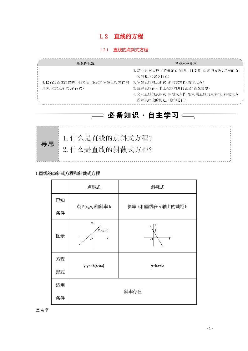 2021_2022学年新教材高中数学第一章直线与方程1.2.1直线的点斜式方程学案含解析苏教版选择性必修第一册