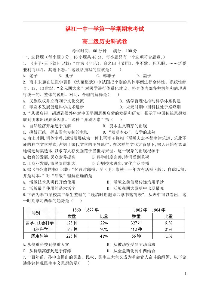 广东省湛江市第一中学高二历史上学期期末考试试题