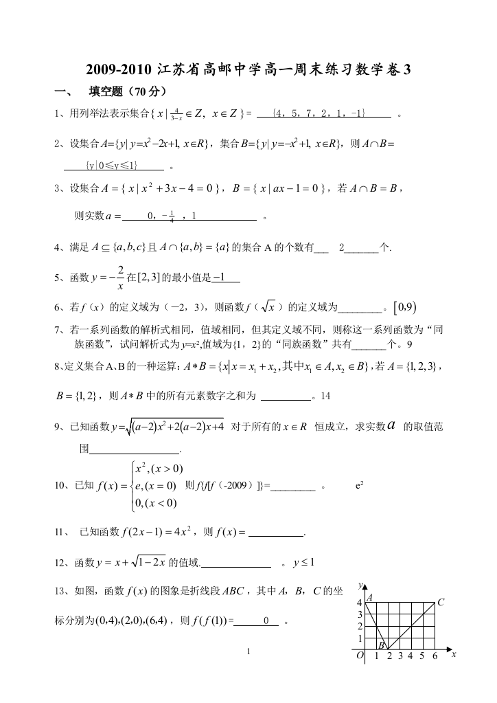 【小学中学教育精选】江苏省高邮中学2009-2010高一周末练习数学卷3