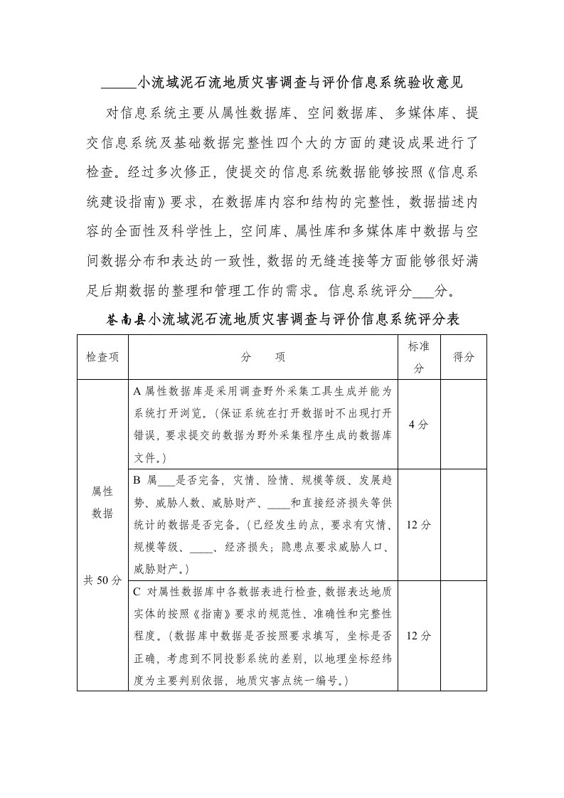 苍南县小流域泥石流地质灾害调查与评价信息系统评分表