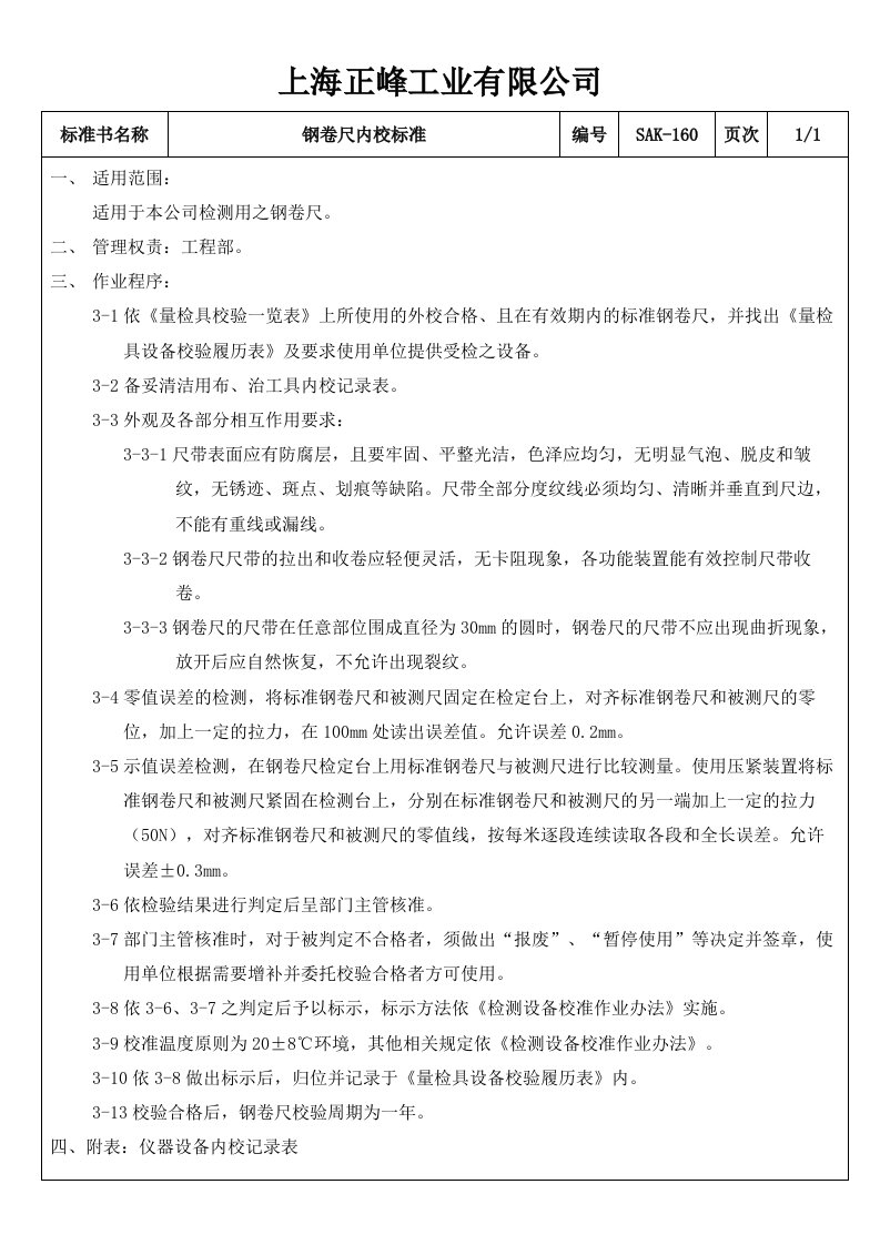 52--某工业有限公司68种常用量具的操作规程使用校对标准--赵绍兵SAK-160钢卷尺内校标准-工艺技术