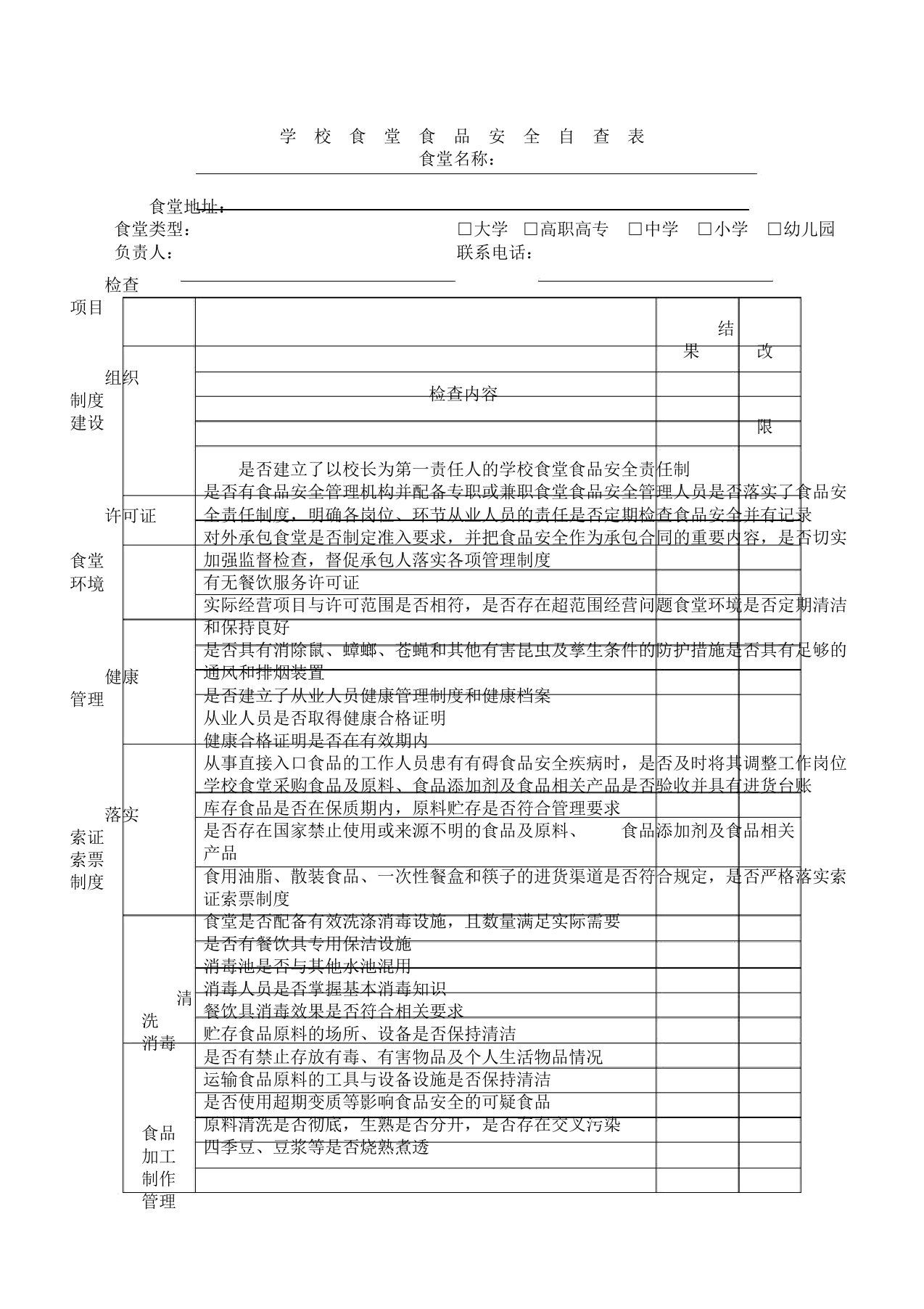 学校食堂食品安全自查表格范例