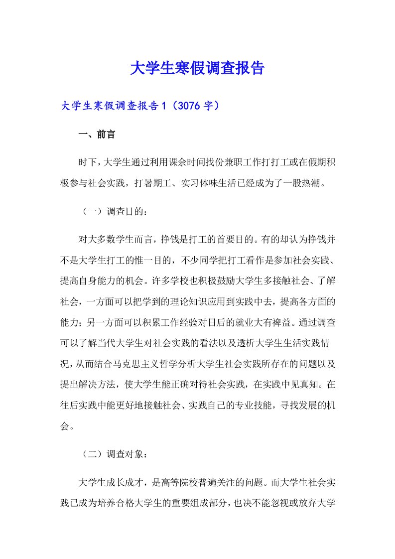 （整合汇编）大学生寒假调查报告