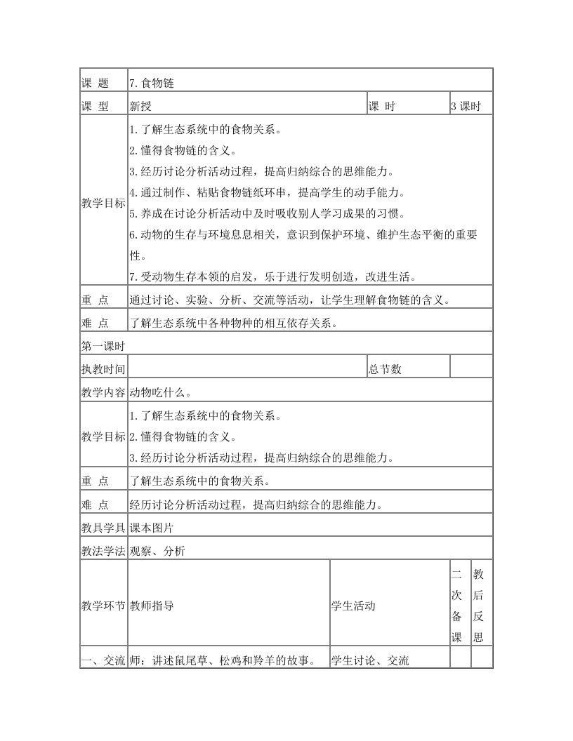 六年级科学上册《食物链》教学设计