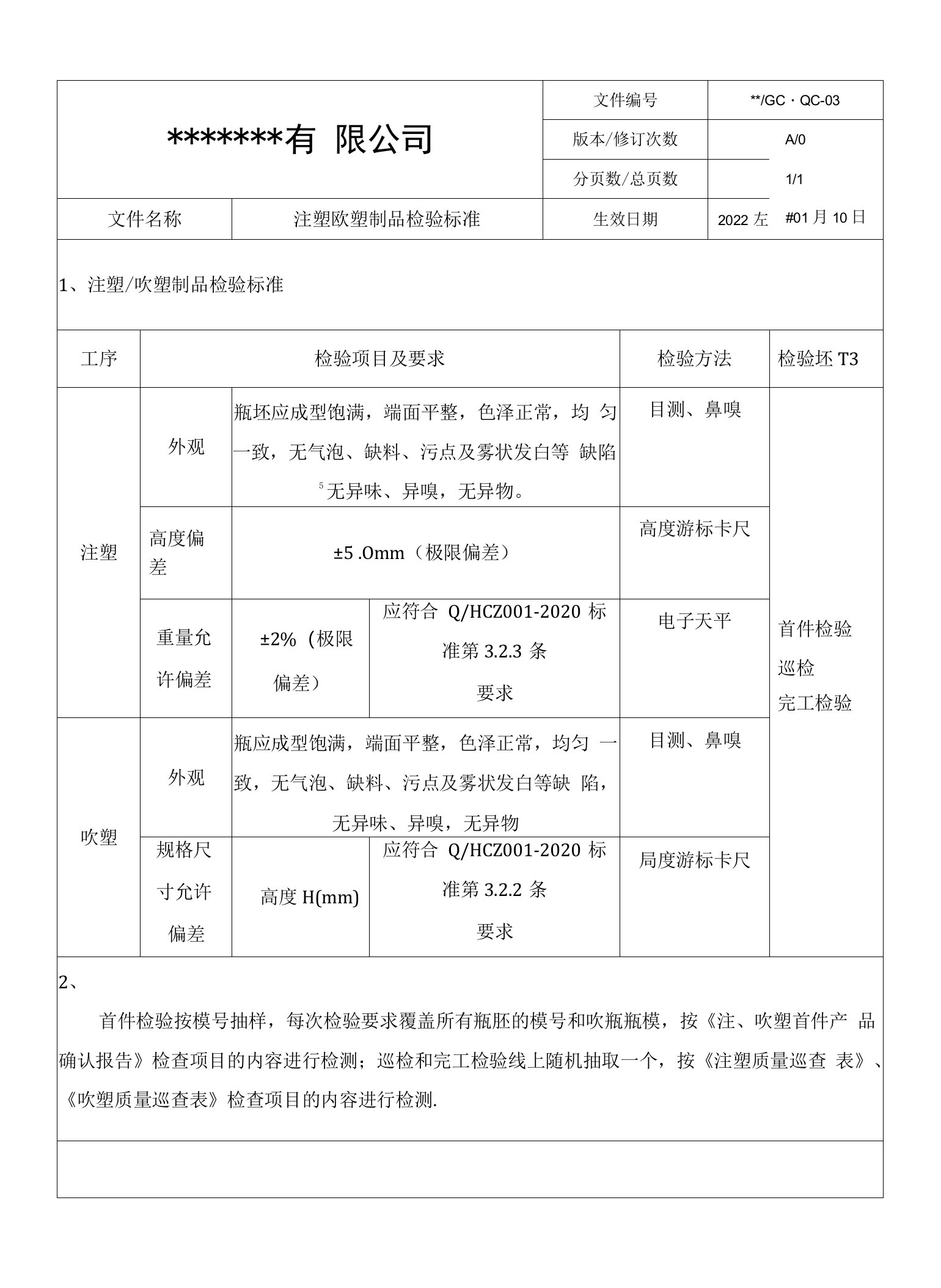 注塑、吹塑制品质量检验标准