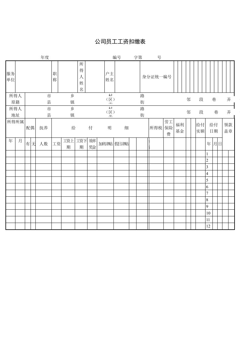 公司员工工资扣缴表