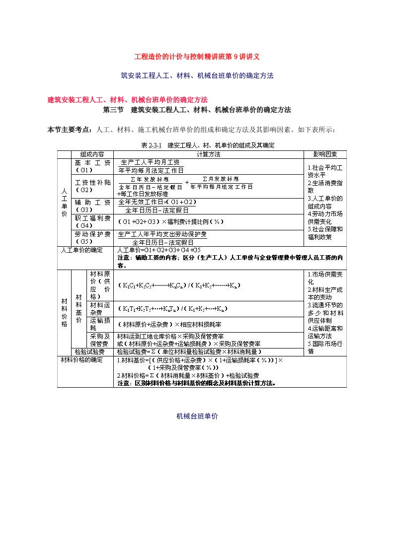 工程造价的计价与控制精讲班第9讲讲义