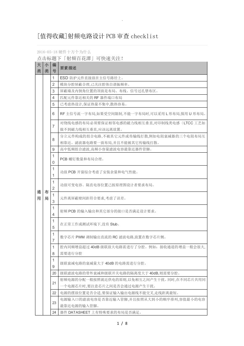 射频电路设计PCB审查checklist