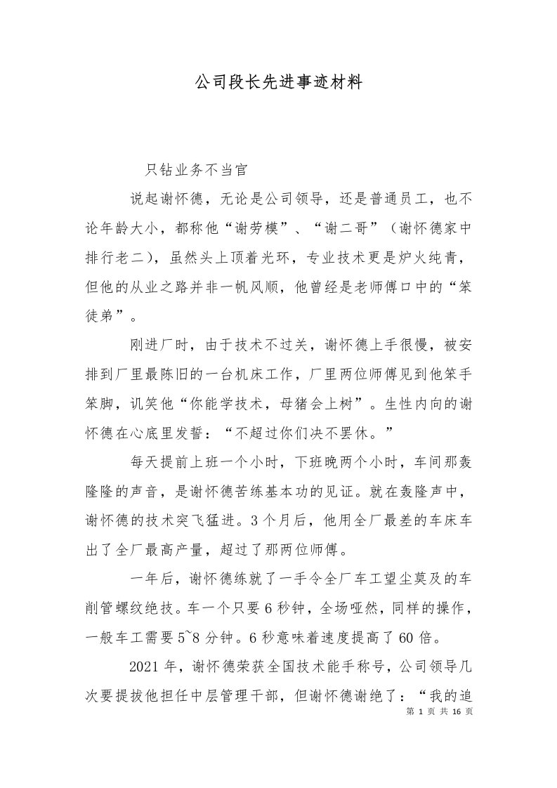 精选公司段长先进事迹材料