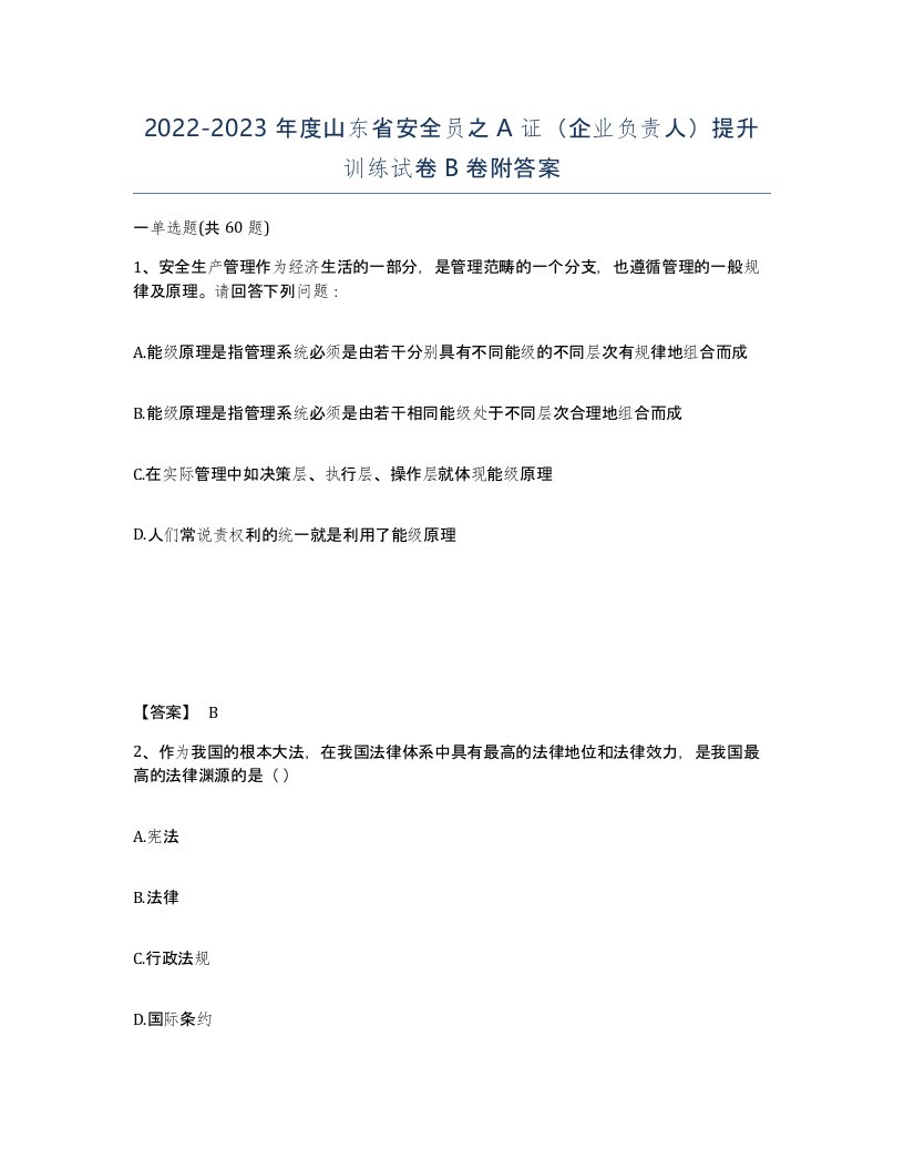 2022-2023年度山东省安全员之A证企业负责人提升训练试卷B卷附答案