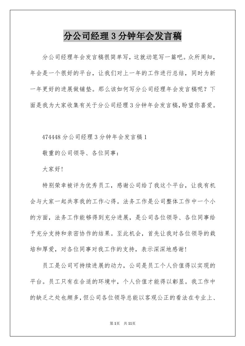 分公司经理3分钟年会发言稿