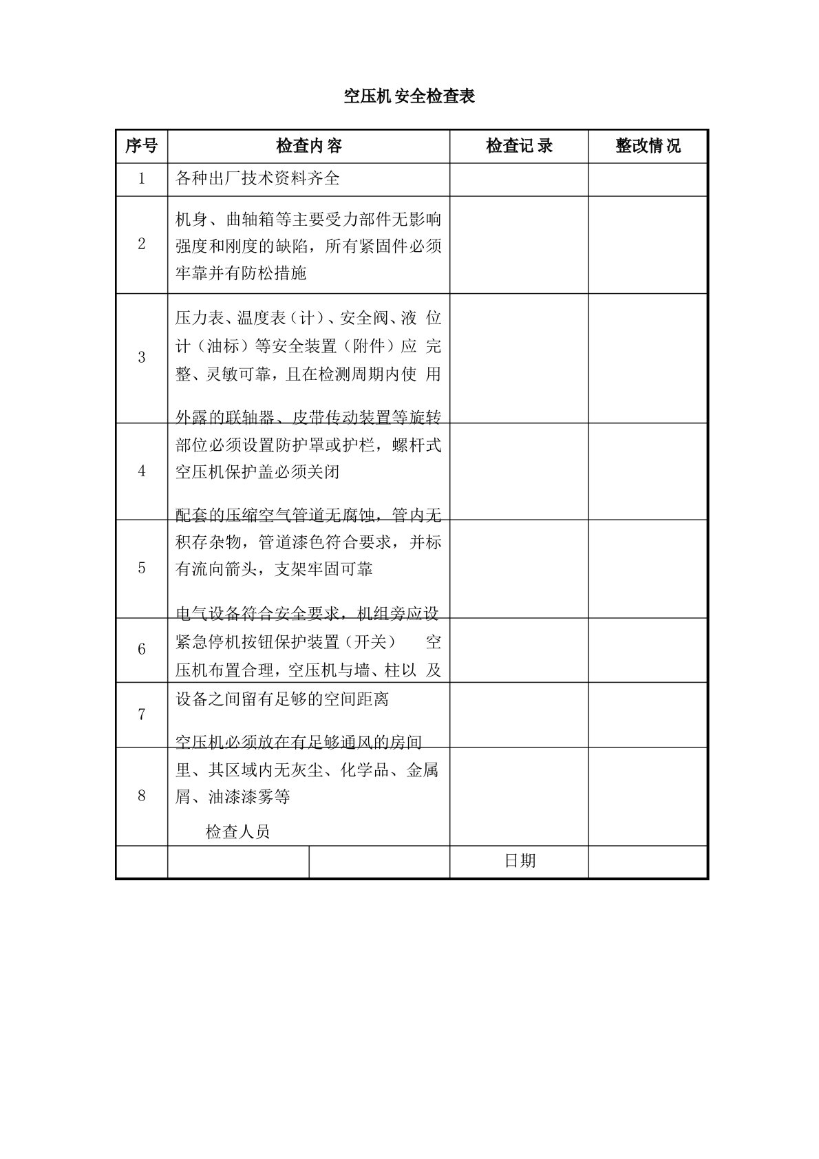 空压机安全检查表