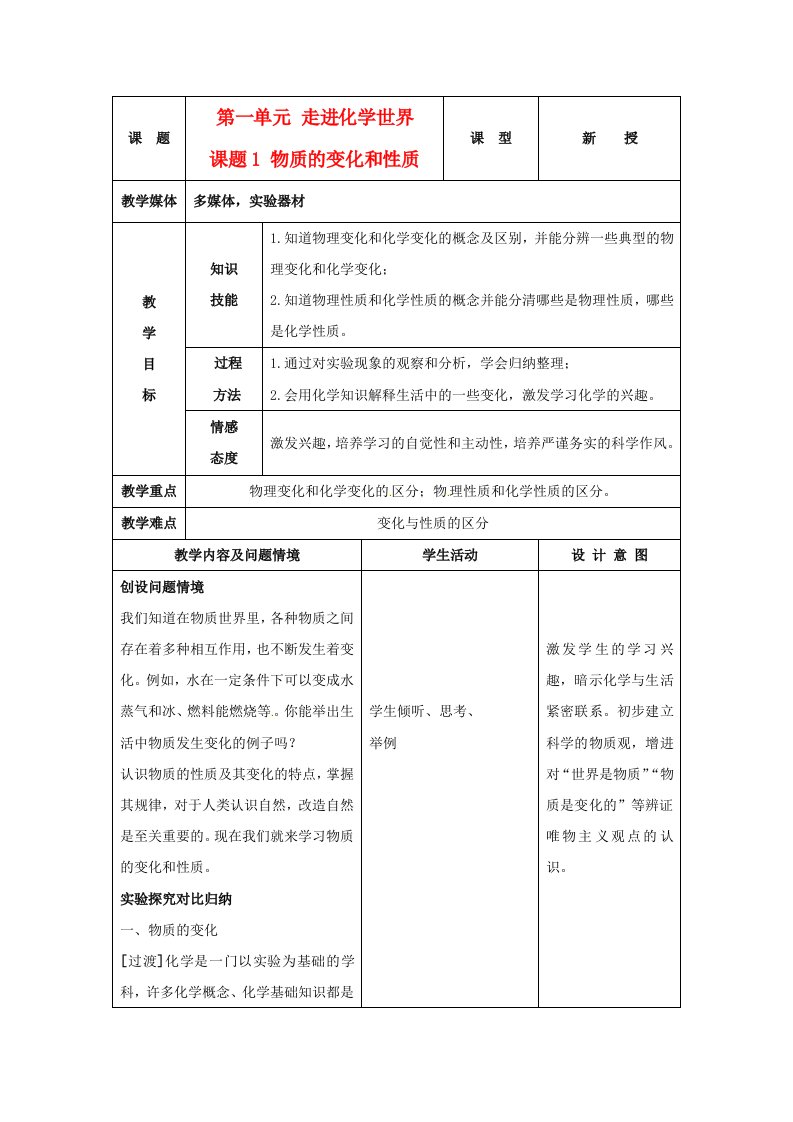 九年级化学上册1.1物质的变化和性质教案人教新课标版