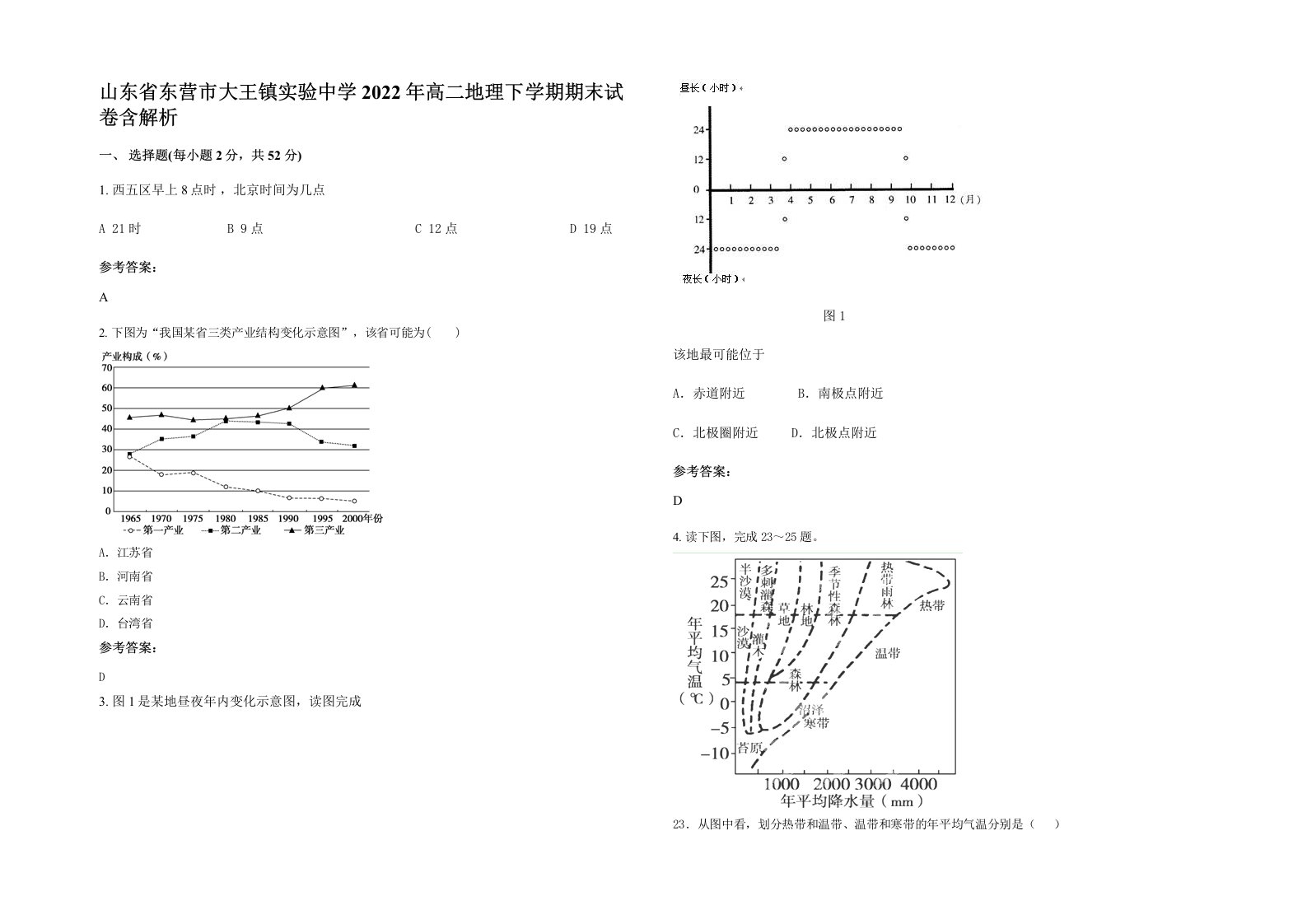 山东省东营市大王镇实验中学2022年高二地理下学期期末试卷含解析