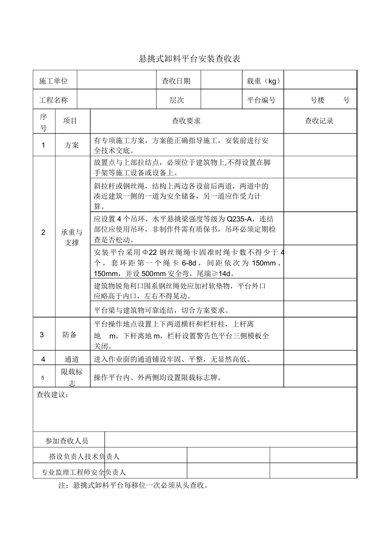 悬挑卸料平台安装验收记录