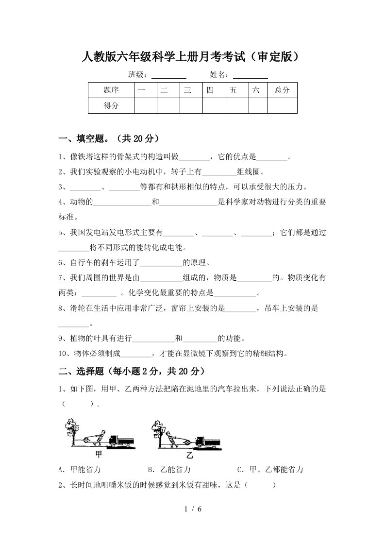 人教版六年级科学上册月考考试审定版