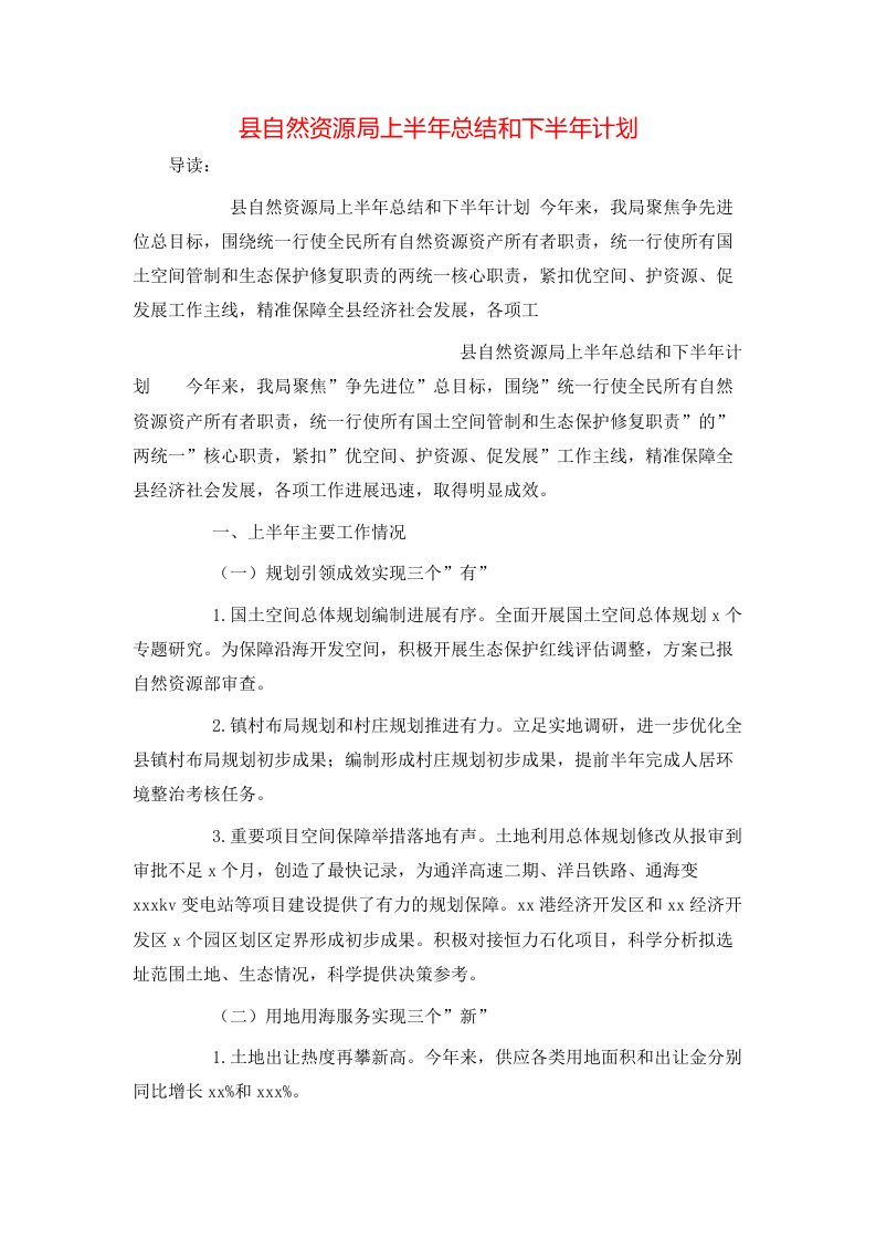 县自然资源局上半年总结和下半年计划