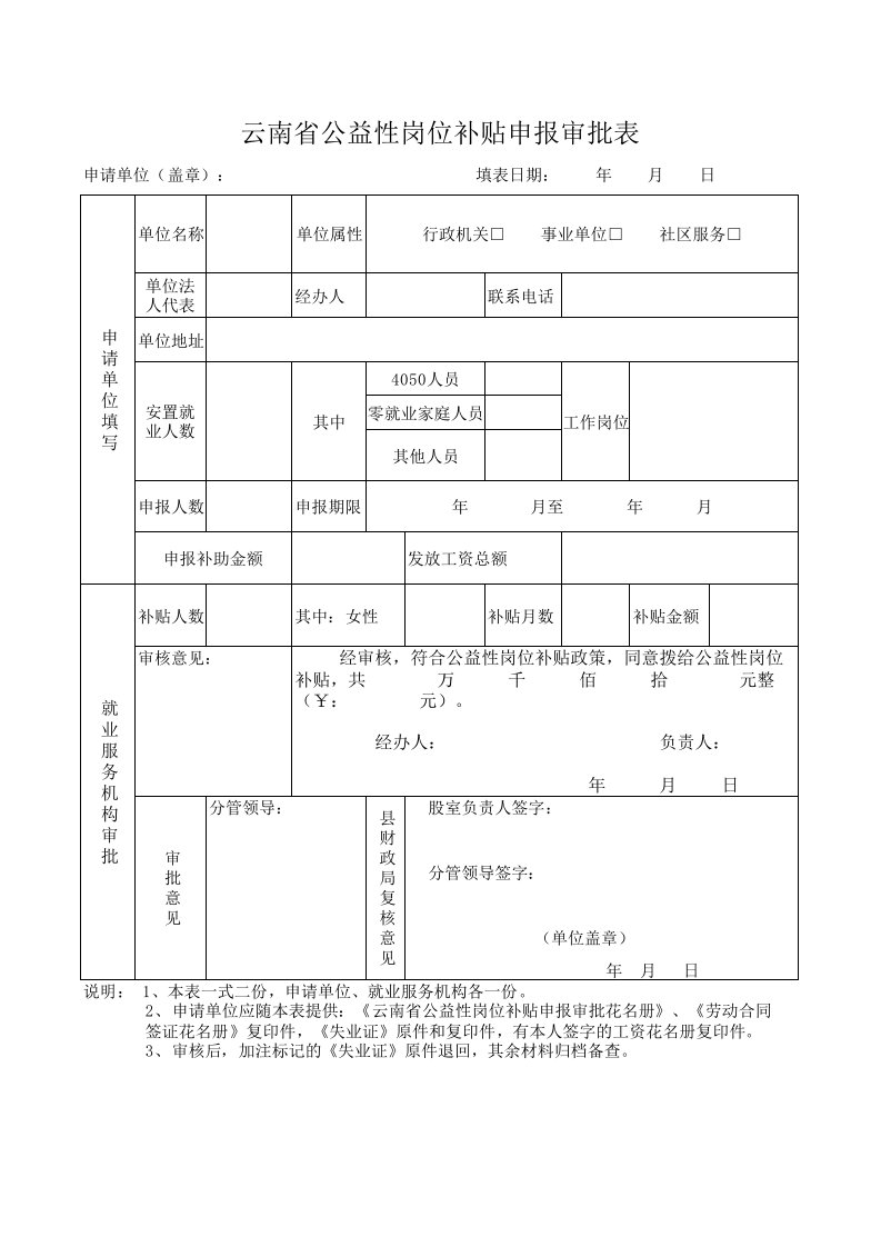 云南省公益性岗位补贴申报审批表